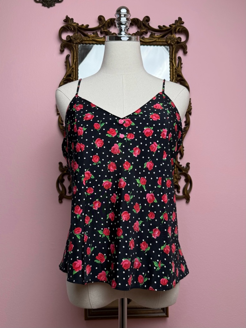 Vintage 90s Black White Pink Polka Dot Floral Rose Pattern Cami Camisole Large